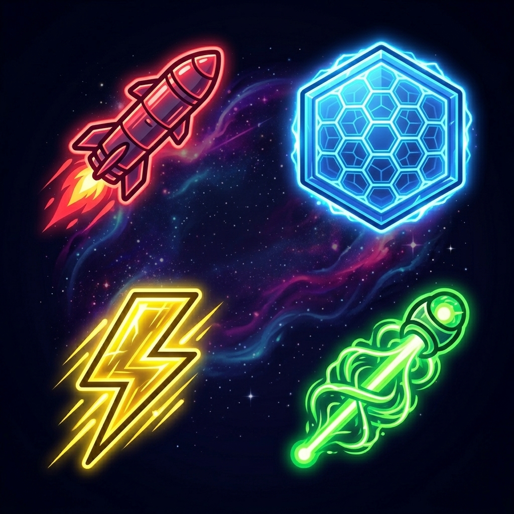 Power-ups Nébula Rush : boost fusée, bouclier, éclair vitesse et rayon d'énergie sur fond de nébuleuse