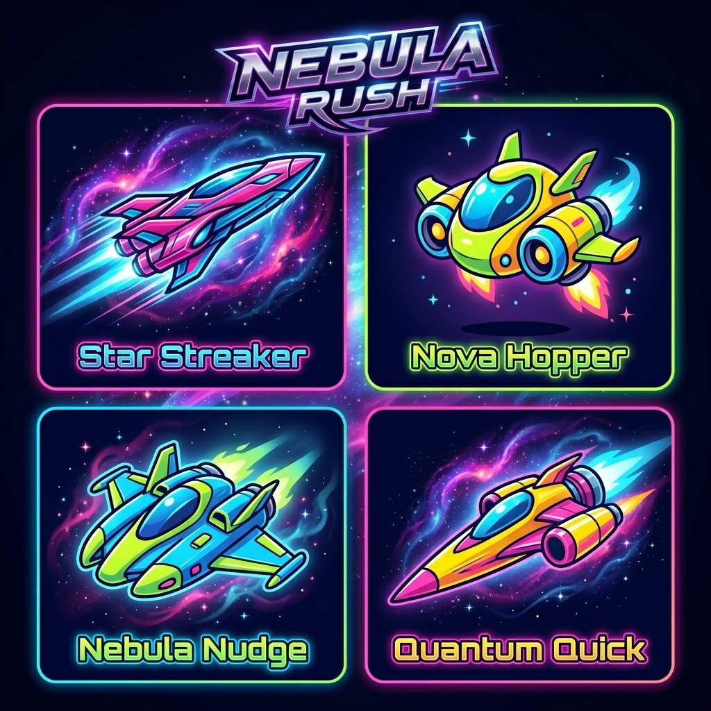 Quatre vaisseaux Nébula Rush : Star Streaker, Nova Hopper, Nebula Nudge et Quantum Quick